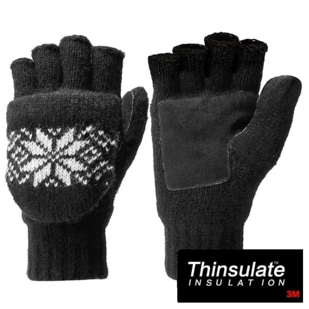 Thinsulate Thermal Insulation Fingerless Wool Mittens In Black